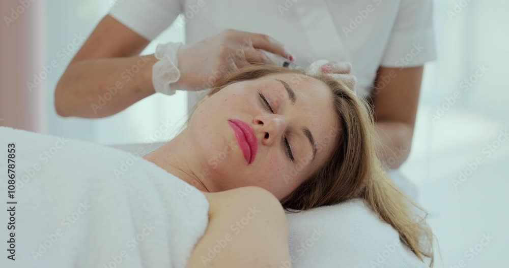 Young woman in cosmetology cabinet. Woman receives an injection in the head. The concept of mesotherapy. Young woman in cosmetology cabinet. Woman receives an injection in the head. The concept of mesotherapy.