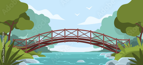 Rustic wooden bridge crossing river. Picturesque nature landscape, deciduous green trees, forest, tourism and travel rustic background, cartoon flat style isolated nowaday vector concept