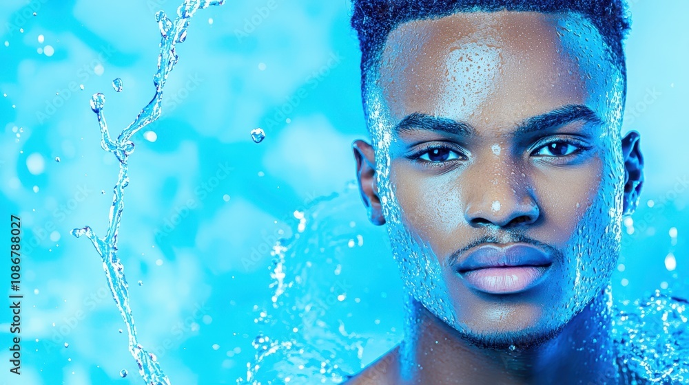 A close-up of a young Black man with water splashing on his face, eyes closed, in a refreshing and clean skincare concept. A close-up of a young Black man with water splashing on his face, eyes closed, in a refreshing and clean skincare concept.