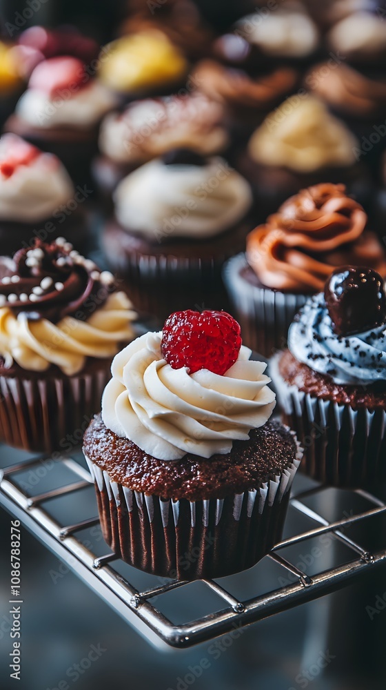 A variety of cupcakes with different fillings and decorations are arranged on an industrial wire rack in a bakery setting. A variety of cupcakes with different fillings and decorations are arranged on an industrial wire rack in a bakery setting.