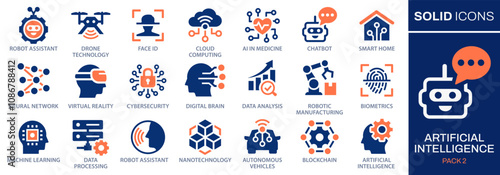 Artificial intelligence icons, such as robot assistant, machine learning, autonomous vehicles and more. Vector illustration. Easily changes to any color.