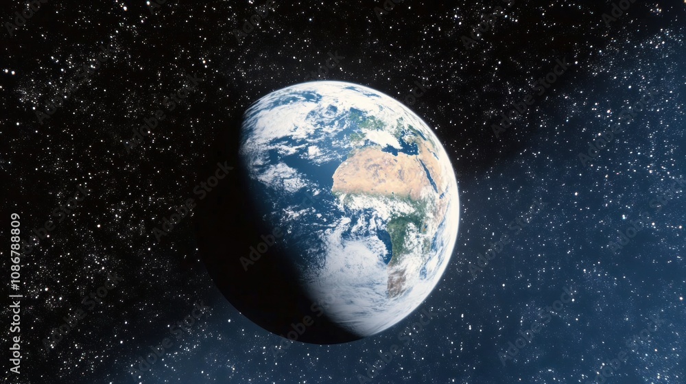 Stunning View of Earth in Space Surrounded by Stars, Highlighting the Beauty of Our Planet Against a Dark Cosmic Background Stunning View of Earth in Space Surrounded by Stars, Highlighting the Beauty of Our Planet Against a Dark Cosmic Background