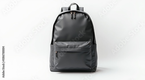 Sleek black backpack with front pocket and leather finish, isolated on white background