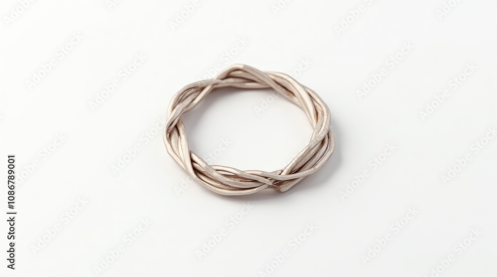 Silver braided ring on white background, minimalist jewelry, top view