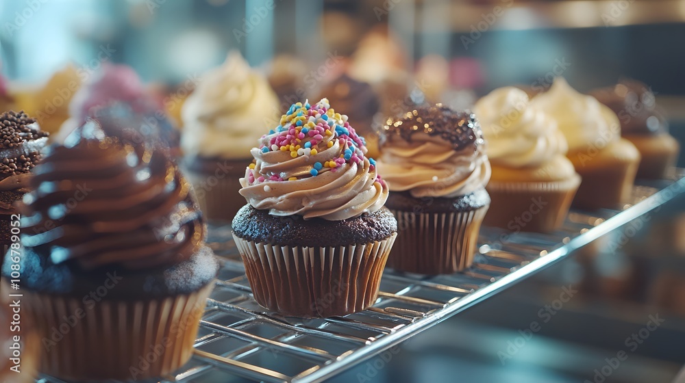 A variety of cupcakes with different fillings and decorations are arranged on an industrial wire rack in a bakery setting. A variety of cupcakes with different fillings and decorations are arranged on an industrial wire rack in a bakery setting.