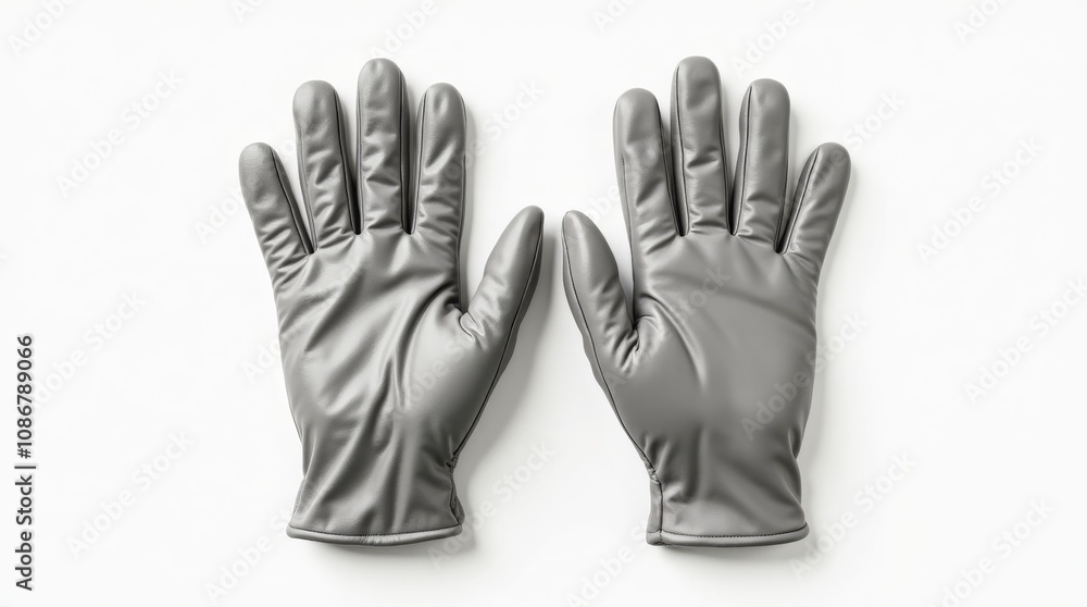 Pair of shiny gray leather gloves on a white background, palms up Pair of shiny gray leather gloves on a white background, palms up
