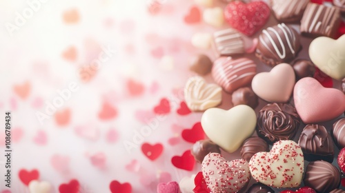 Assorted heart-shaped chocolates with fresh strawberries and rose petals on a wooden board, symbolizing indulgence and romance.