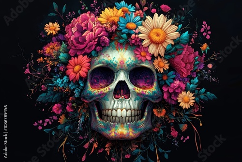 Colorful Floral Crown Skull Digital Illustration Fantasy Gothic Art