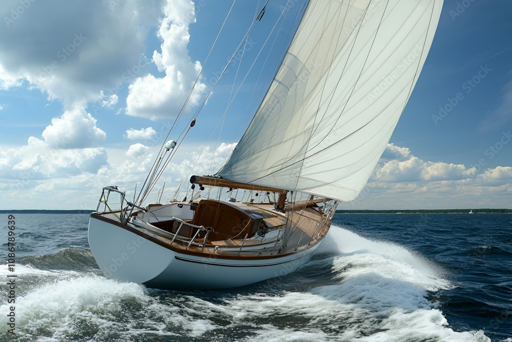 Obraz premium Ships and boats sail on the sea on a sunny day and silhouettes of people, a public place