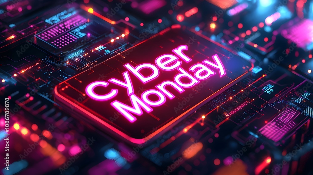 Cyber Monday promotional poster featuring vibrant digital graphics. Generative AI. Cyber Monday promotional poster featuring vibrant digital graphics. Generative AI.