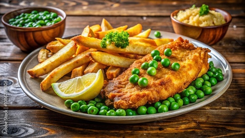 Close-Up of Crispy Fish and Chips Surrounded by Fresh Peas and a Zesty Lemon Slice on a Rustic Wooden Table