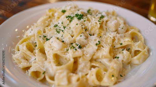 Rich creamy pasta topped with parmesan cheese and olive oil