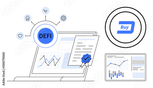Laptop displaying financial charts, DEFI icon surrounded by finance-related icons, digital certificate, and buy button. Ideal for fintech, investments, blockchain, cryptocurrencies, financial