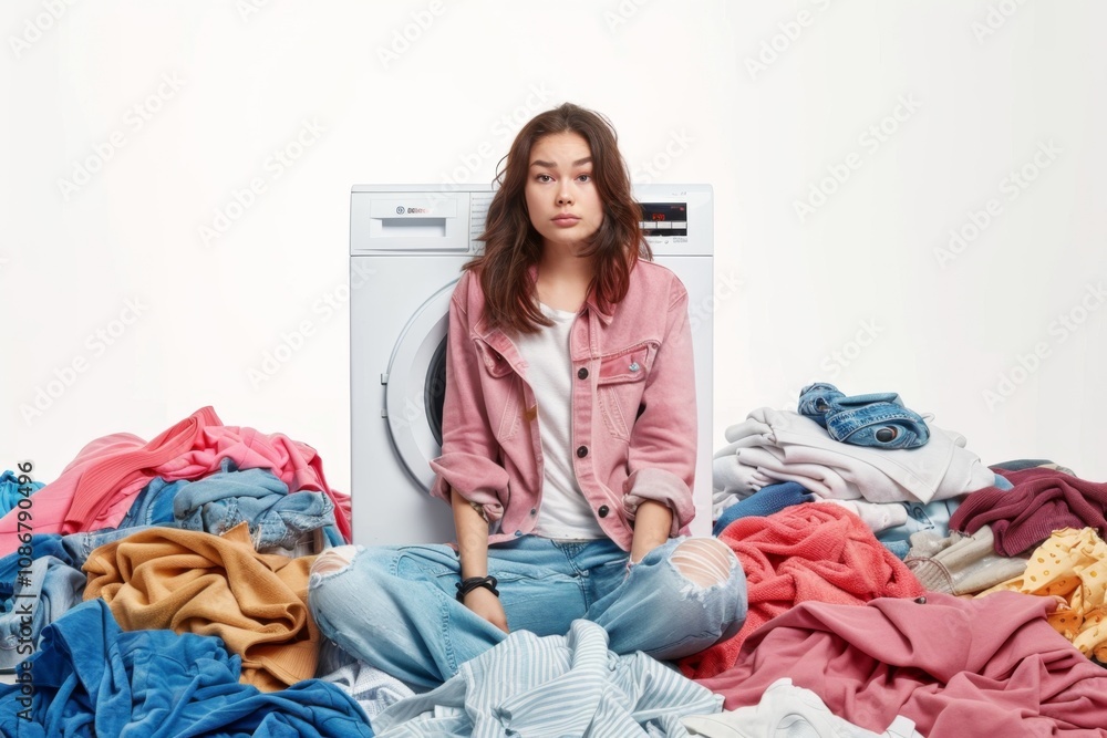 Obraz premium Unhappy woman near washing machine with big laundry pile isolated, upset woman, tired of washing n