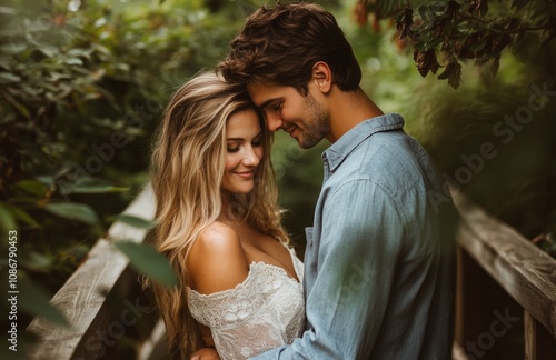 Engaged Couple Embracing on a Wooden Bridge Amidst Greenery