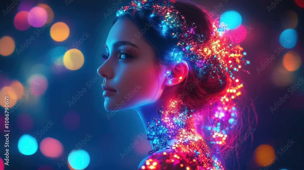 Striking Portrait of a Woman Adorned with Intricate and Vibrant Lights Creating a Magical and Ethereal Aura in Colorful Bokeh Background Striking Portrait of a Woman Adorned with Intricate and Vibrant Lights Creating a Magical and Ethereal Aura in Colorful Bokeh Background