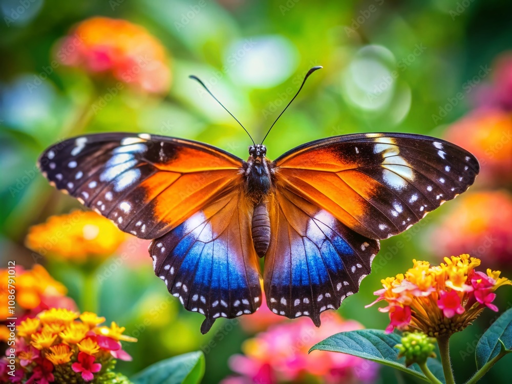 Fototapeta premium Close-Up Portrait of a Varied Eggfly Butterfly Fluttering on Vibrant Flowered Plant, Capturing Nature's Beauty and Delicate Details in Stunning Macro Photography