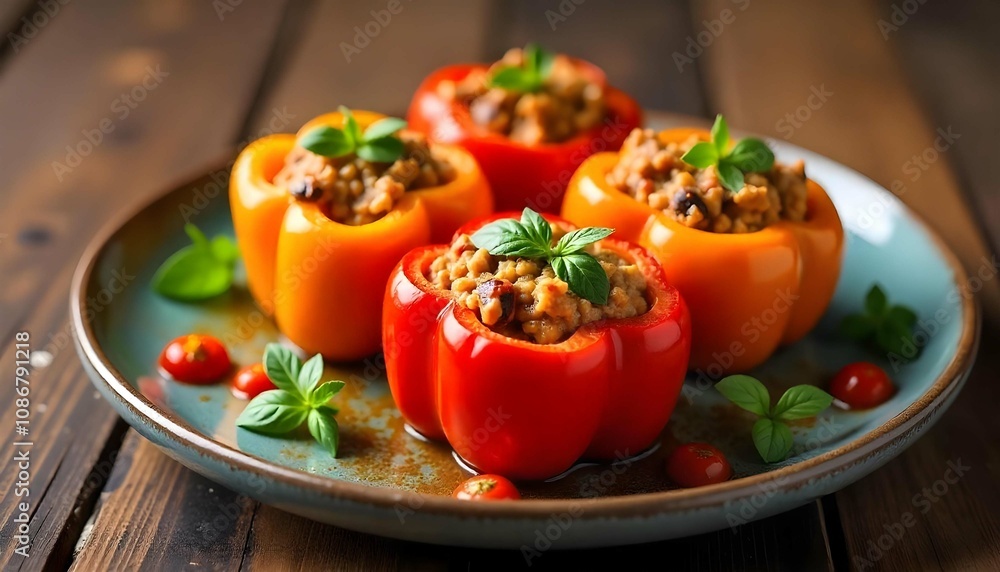 Stuffed bell peppers served on a rustic plate with festive garnishes Stuffed bell peppers served on a rustic plate with festive garnishes
