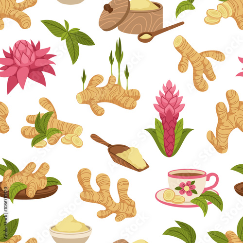 Ginger root seamless pattern. Repeated healthy spicy product, leaves, flowers and roots, immunity boosting plant. Decor textile, wrapping, wallpaper. Print for fabric, tidy vector background