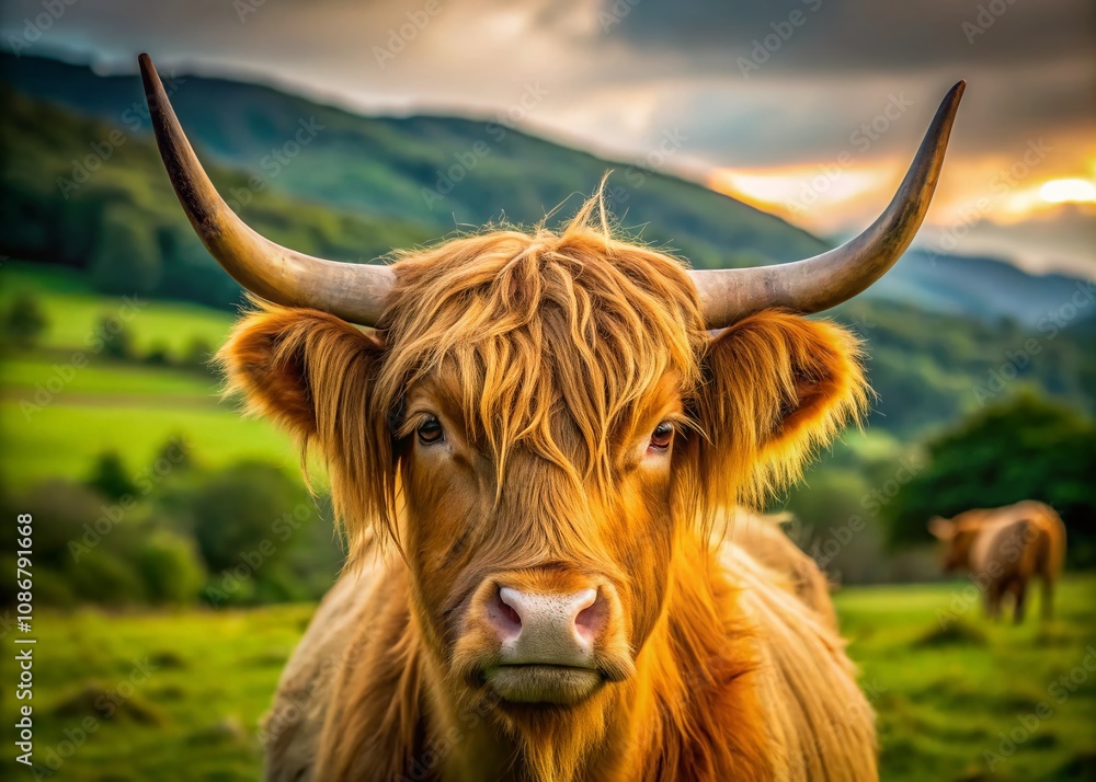 Closeup of a Highland Cattle Cow with Long Hair, Capturing the Texture and Beauty of Scottish Breeds, Ideal for Animal Lovers and Farming Themes Closeup of a Highland Cattle Cow with Long Hair, Capturing the Texture and Beauty of Scottish Breeds, Ideal for Animal Lovers and Farming Themes