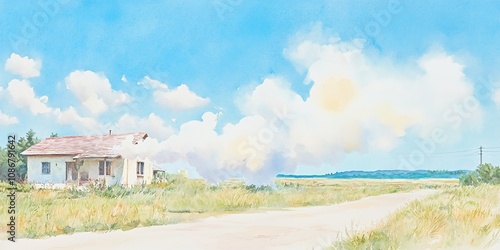 Creative Pattern Showcasing a Rural Road with Mist, a House, and a Girl Running Under Soft Watercolor Tones, Clouds, and Blue Sky, Perfect for Summer Vacation Themes, Ideal for AI-Generated Wallpaper 