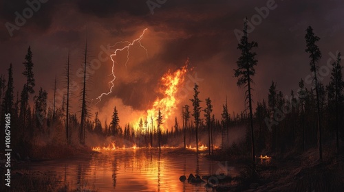 A dramatic landscape depicting a forest fire, with flames engulfing trees under a stormy sky, illuminated by lightning, reflecting on a nearby water body.