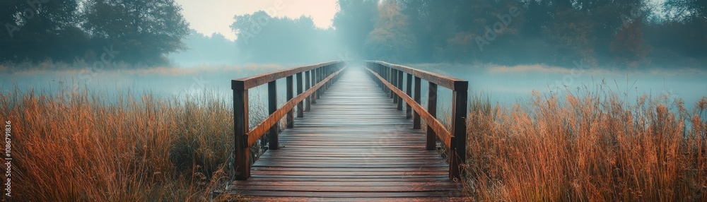 Fototapeta premium A Misty Bridge Guiding the Way Through a Serene Landscape of Discovery An Enchanting Journey into Nature's Embrace, Where Wooden Pathways Lead to Tranquil Waters and Breathtaking Scenery Awaits This