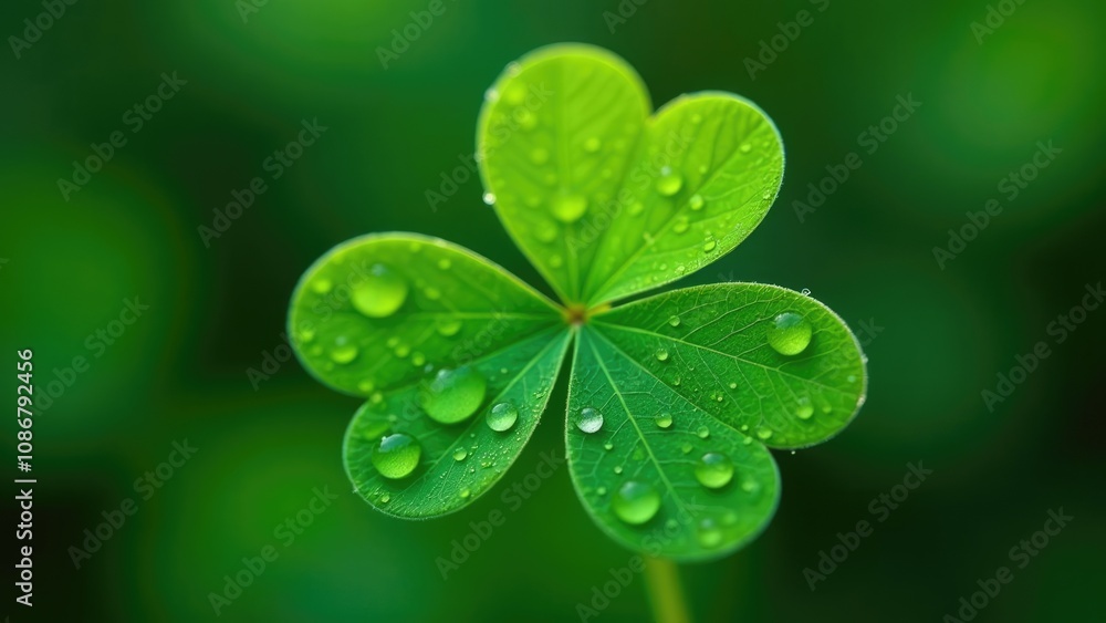  A close-up shot of a vibrant green shamrock leaf with water droplets, perfect for St. Patrick's Day. Concept of a lucky shamrock.