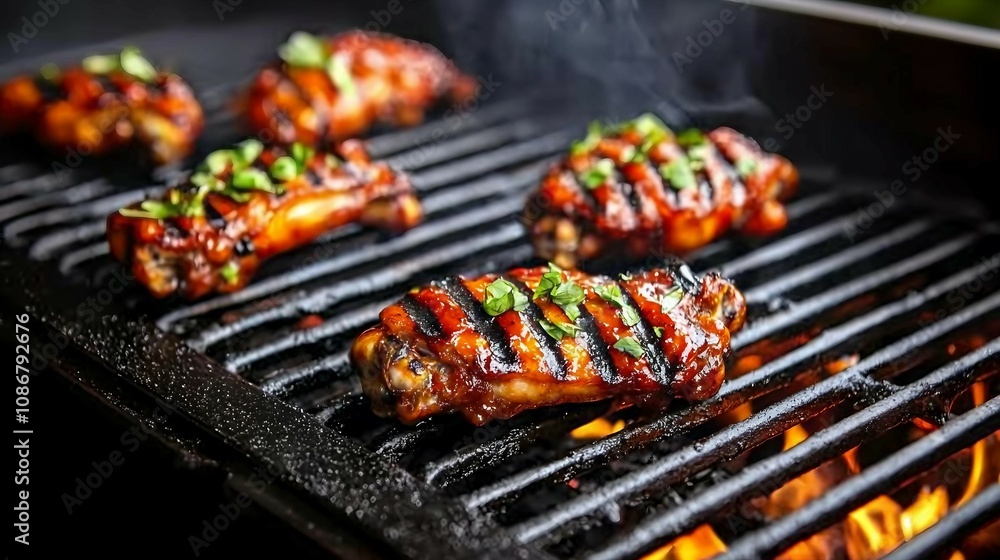 Grilled Chicken Wings Glazed with Barbecue Sauce on Charcoal Grill Surrounded by Flames and Garnished with Fresh Herbs and Spices Grilled Chicken Wings Glazed with Barbecue Sauce on Charcoal Grill Surrounded by Flames and Garnished with Fresh Herbs and Spices