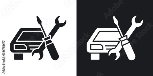 Car repair icon set in black filled and solid filled style