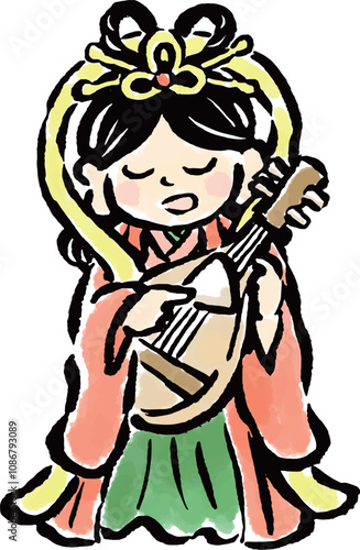 琵琶を演奏する弁財天　筆タッチ手描きイラスト