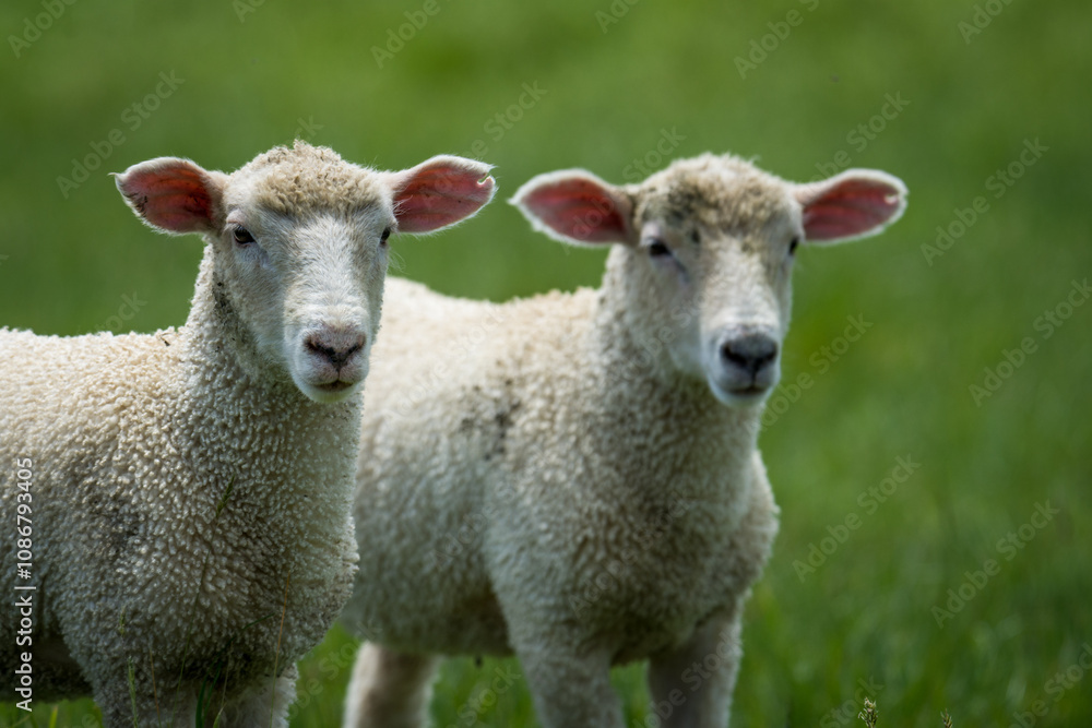 pair of lambs in lush green grassy field pair of lambs in lush green grassy field