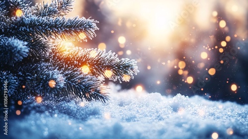 Wallpaper Mural A serene winter scene featuring a snow-covered ground, a frosted pine branch, and glowing bokeh lights against a soft, warm background. Torontodigital.ca