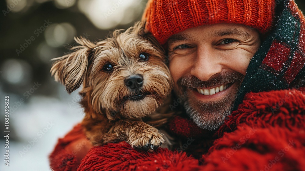 A joyful man in a cozy red sweater smiles while holding a small dog, surrounded by a snowy landscape, embodying warmth and companionship. A joyful man in a cozy red sweater smiles while holding a small dog, surrounded by a snowy landscape, embodying warmth and companionship.