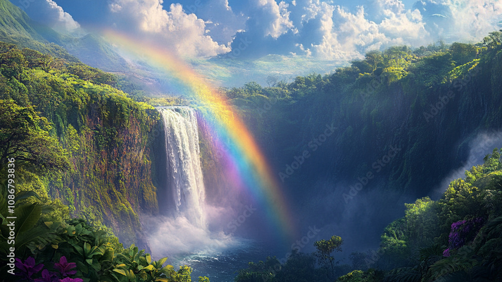 Tropical Waterfall with Vibrant Rainbow Tropical Waterfall with Vibrant Rainbow