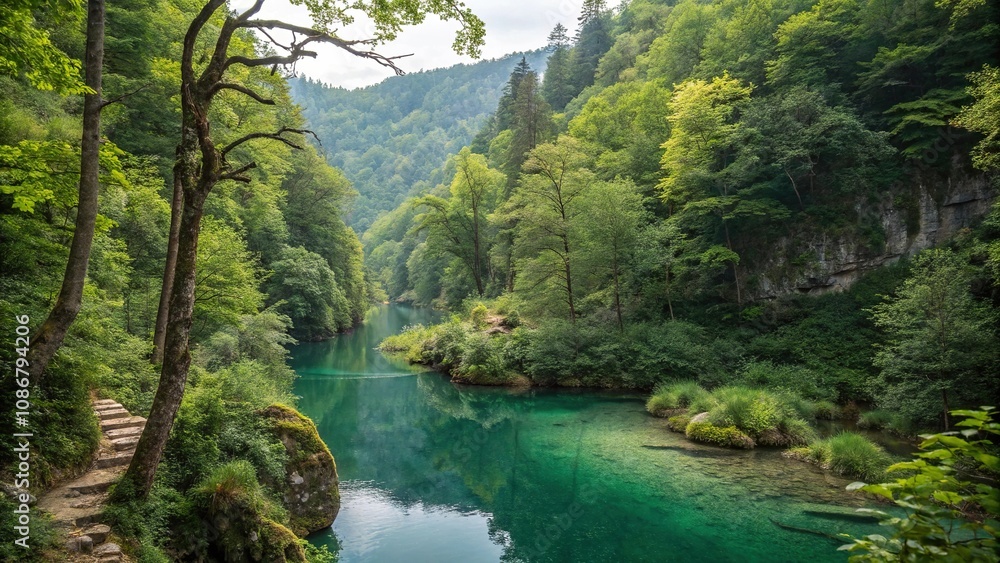 Dense foliage surrounds a crystal-clear river in a secluded valley within the mountain forest, peaceful atmosphere, dense vegetation, rugged terrain Dense foliage surrounds a crystal-clear river in a secluded valley within the mountain forest, peaceful atmosphere, dense vegetation, rugged terrain
