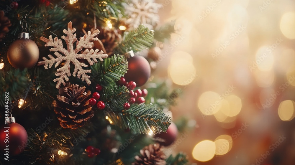 Rustic Christmas Tree Decor: Close-up of Festive Ornaments, Pine Cones, and Snowflake Rustic Christmas Tree Decor: Close-up of Festive Ornaments, Pine Cones, and Snowflake