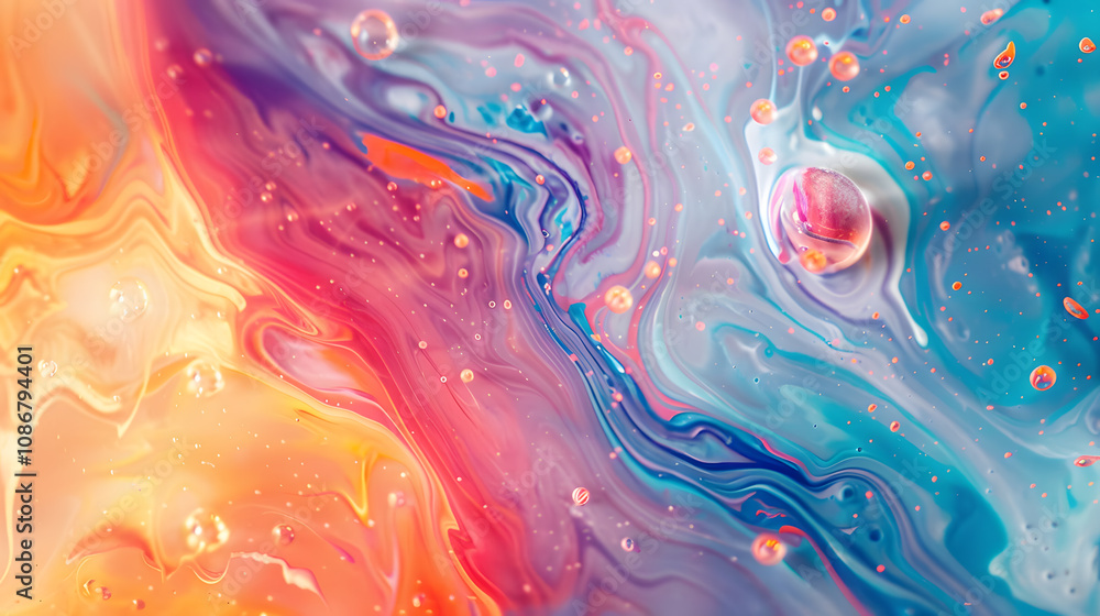 A colorful, abstract painting with blue, pink, and orange swirls A colorful, abstract painting with blue, pink, and orange swirls