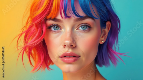 Close-up portrait of a young woman with vibrant, half-orange, half-blue hair. Concept of a colourful hair style.