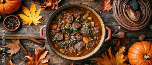 A rustic wooden table adorned with autumnal leaves, vibrant spices and ingredients for lamb and prFluidex sauce in an elegant pot.