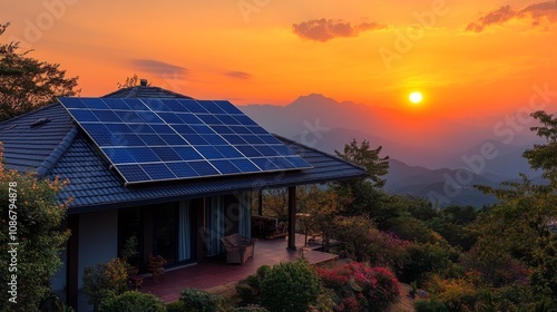 Solar-Powered House at Sunset