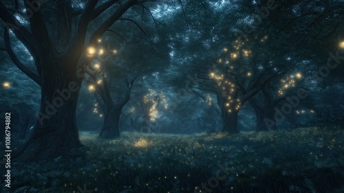 Mystical Enchanted Forest Illuminated by Ethereal Moonlight with Glowing Fireflies and Majestic Trees