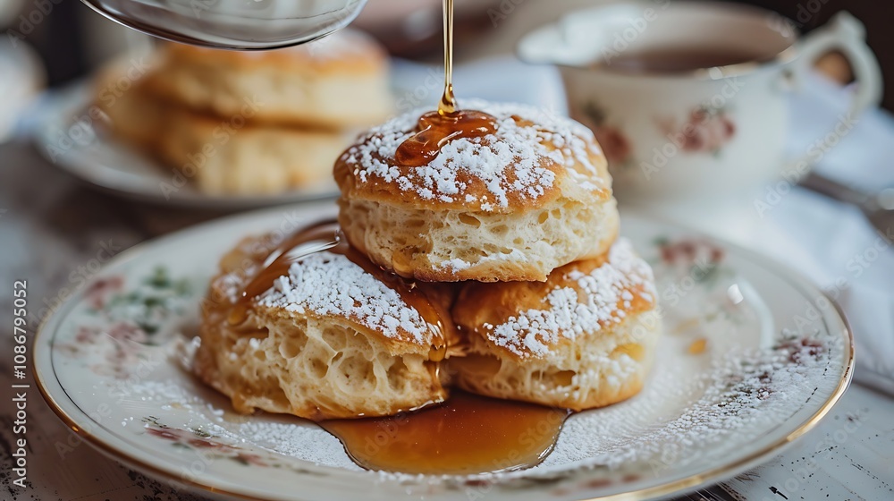 Scones topped with a kettle and sugar syrup on top Scones topped with a kettle and sugar syrup on top
