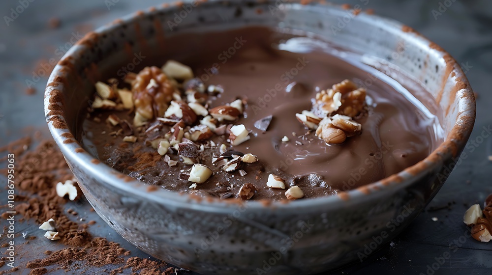 Scoop melting cacao over a layer of ice sprinkle with almond and walnut dust Scoop melting cacao over a layer of ice sprinkle with almond and walnut dust