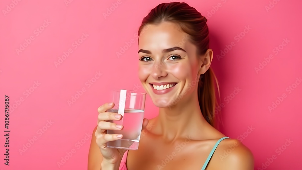 woman with glass of champagne. Smiling young woman holding glass of water symbolizing healthy lifestyle and hydration on bright pink background woman with glass of champagne. Smiling young woman holding glass of water symbolizing healthy lifestyle and hydration on bright pink background