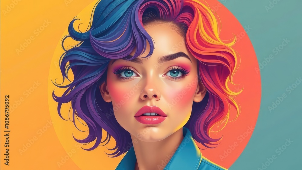 Colorful illustration of a woman with bright, wavy hair against a vibrant background. Concept of a stylized female portrait. Colorful illustration of a woman with bright, wavy hair against a vibrant background. Concept of a stylized female portrait.