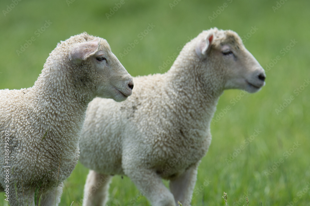 pair of lambs in lush green grassy field pair of lambs in lush green grassy field