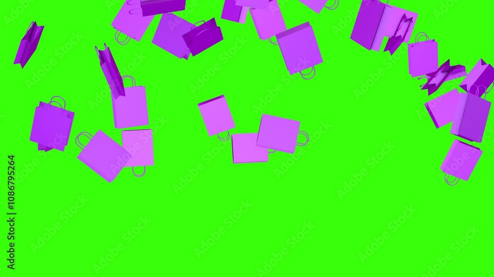 Falling purple craft bags on a green screen. Ecological waste concept. 3D animation. Falling purple craft bags on a green screen. Ecological waste concept. 3D animation.