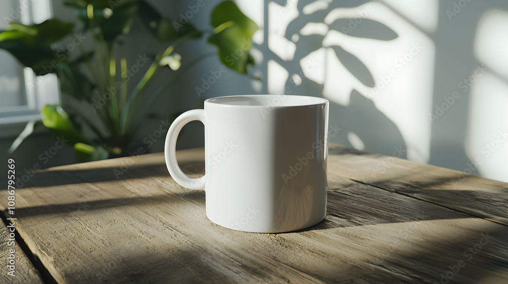 A simple white mug sits on a wooden table, illuminated by sunlight, with soft shadows and a green plant in the background. A simple white mug sits on a wooden table, illuminated by sunlight, with soft shadows and a green plant in the background.