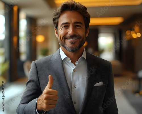 a businessman in a suit gives a thumbs-up in a newly completed modern apartment. businessman inspecting apartment photo